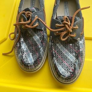 Sperry Top-Sider Bahama Blue and Pink Plaid Sequin Slip Boat Shoes Size 6.5